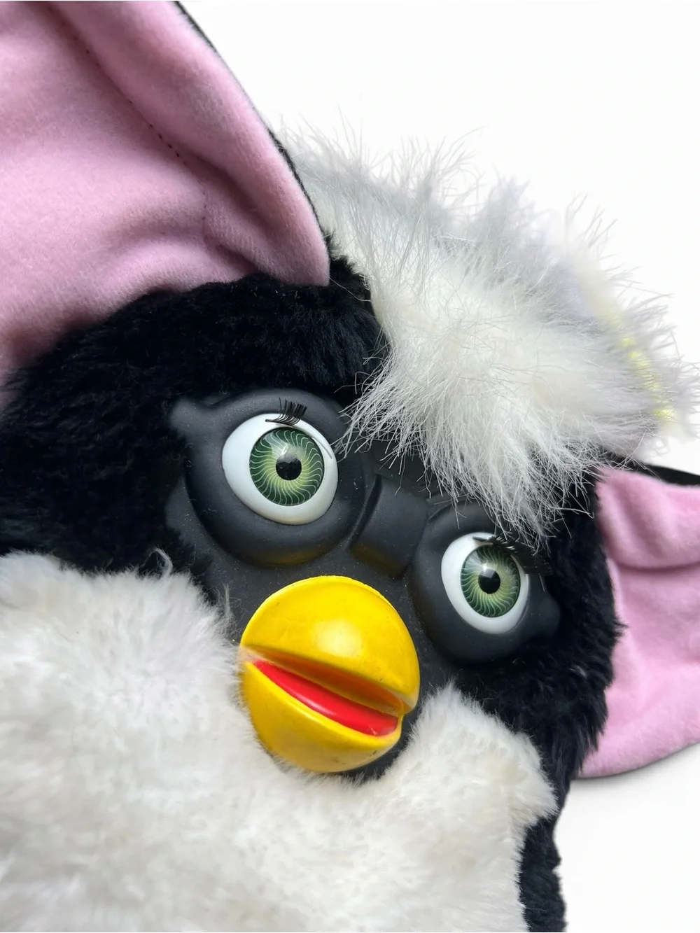 Vintage Furby Plush Backpack Black White Pink Ears Green Eyes Y2K Rare
